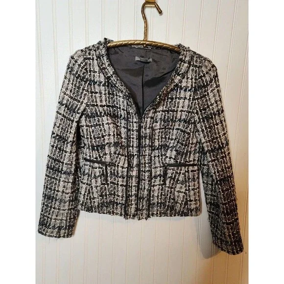 Ann Taylor Tweed Boucle Wool Blazer Women’s 8 Black Grey Blue Jacket Zip Office - Picture 3 of 8